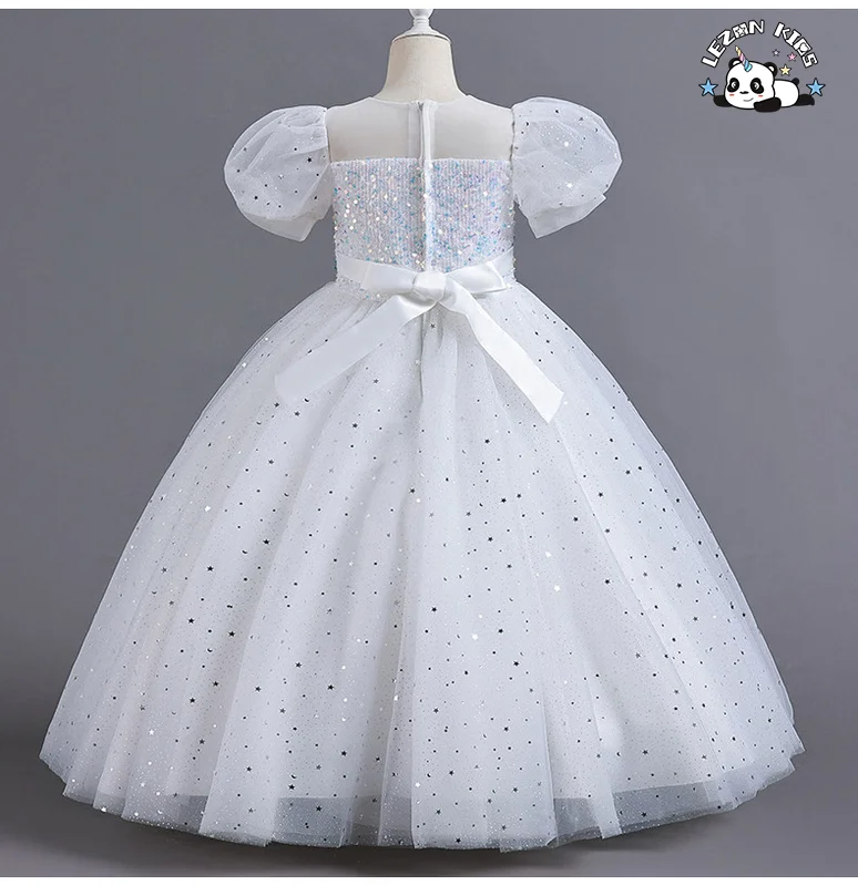 LEZONKIDS - Vestido para Menina, Vestido de Festa Infantil, Tule Longo, Malha, Lantejoulas, Princesa, Manga Bolha Fofa, Tamanho 10, Vestidos de Menina Flor para Casamento de Luxo